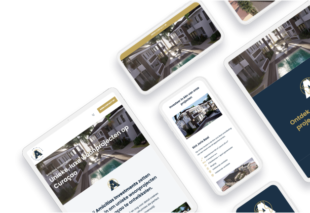 Laptop en telefoon met daarop de website van Amicitias Investments